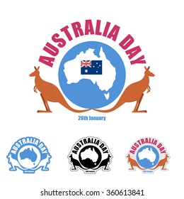 Australia day logo for holiday. Kangaroo and map of Australian. Emblem for traditional feast of country. Options for your logotype design.