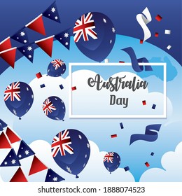 australia day, map flags in balloons pennants celebration festive card vector illustration