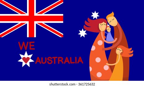 Australia Day National Flag Family Kids Embrace Flat Vector Illustration