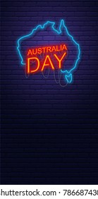 Australia Day. Neon sign on brick wall. Map of Australia. Australian National Holiday. Vertical banner template.
