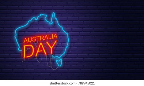 Australia Day. Neon sign on brick wall. Map of Australia. Australian National Holiday. Horizontal banner template.
