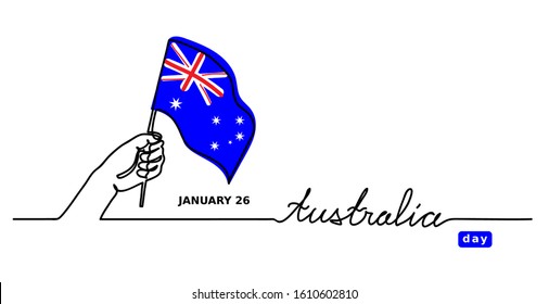 Australia day one line vector  sketch. Australian flag and hand. Simple background with continuous line drawing and letterin Australia.