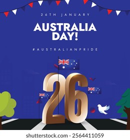 Australia Day Post with Australian Flag, 26th January, and Patriotic Theme. Australia Day Post with Australian Flags, Golden 26th Number, Patriotic Theme, Iconic Australian Landmarks in the Background