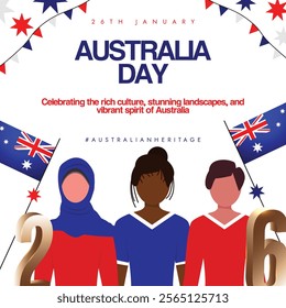 Australia Day post. Australia day social media post with Australian people holding flags, golden 26 number, confetti, celebration elements. Vector stock illustration