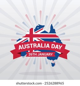 Diseño del cartel del Día de Australia para el 26 de enero Un moderno Anuncio rojo y azul con una bandera australiana, con Lugares famosos icónicos perfectos para celebrar el Día Nacional.