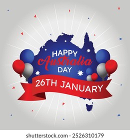 Diseño de cartel del Día de Australia para el 26 de enero Un Anuncio rojo y azul contemporáneo con una bandera australiana, que destaca Lugares famosos icónicos perfectos para las celebraciones del Día Nacional