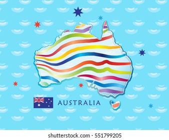 Australia day Poster with map of Australia and Australian flag sea. Vector Illustration. Holiday Festive background for greeting cards or web banners design. Advertising, Celebration, Congratulate