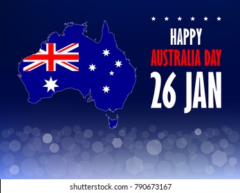 Australia Day poster with text, Australian map, flag and bokeh light on blue background. Greeting card design. Vector illustration.