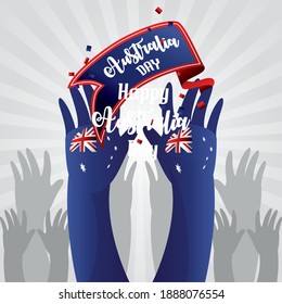 australia day raised hand blue with australian flag and confetti celebration card vector illustration