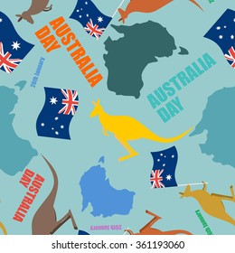Australia day seamless pattern. Festivde backdrop for national holiday Australian. Patriotic ornament. Kangaroo and map Aussie and Flag. Texture for registration designs celebration of country