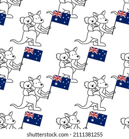 Australia Day. Seamless pattern. Kangaroo and koala with Australian flag. Patterns for decoration.