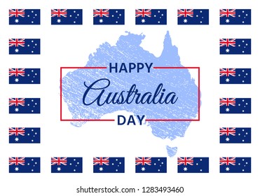Australia Day. Vector. Happy Australia National Day banner with Australian flags, grange map. Greeting card, poster, holiday background template. Blue red illustration.