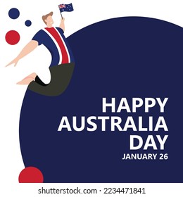 Ilustración vectorial del Día de Australia con un hombre saltando y sosteniendo la bandera nacional.