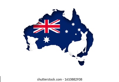 Australia. Design With Kangaroo And Koala On Australia Flag Background. Vector. Illustration.
