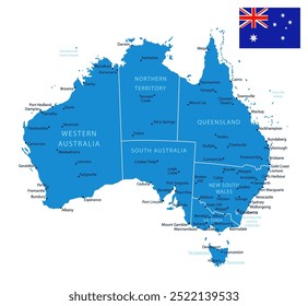 Australia - detailed blue country map with cities and regions. Vector illustration.