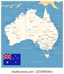 Australia - detailed map with administrative divisions and country flag. Vector illustration