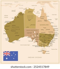 Australia - detailed map of the country in brown colors, divided into regions. Vector illustration