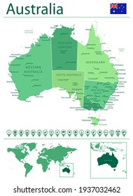 Australia detailed map and flag. Australia on world map.