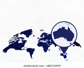 Australia detailed map highlighted on blue rounded World Map. Map of Australia in circle.