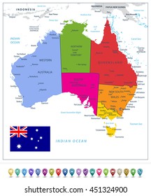 Australia detailed political map and map pointers isolated on white. All elements are separated in editable layers clearly labeled.