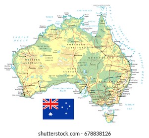 Australia - detailed topographic map and flag - illustration