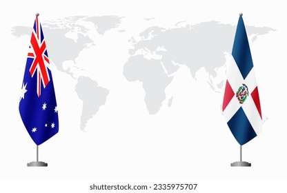 Australia and Dominican flags for official meeting against background of world map.