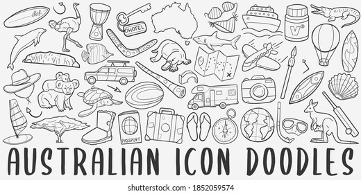 Australia doodle icon set. Australian Life Style Vector illustration collection. Banner Hand drawn Line art style.