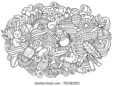 Australia doodles elements and symbols background. Vector contour hand drawn illustration