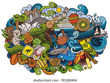 Australia doodles elements and symbols background. Vector hand drawn illustration