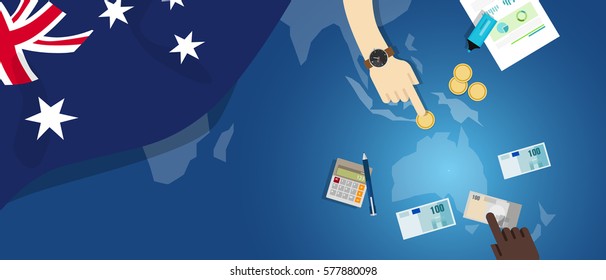 Australia economy fiscal money trade concept illustration of financial banking budget with flag map and currency