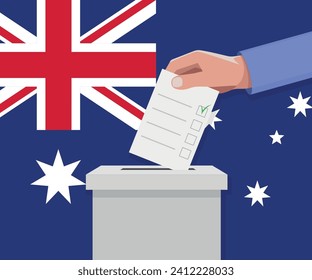 Australia election concept. Hand puts vote bulletin into vote box.
