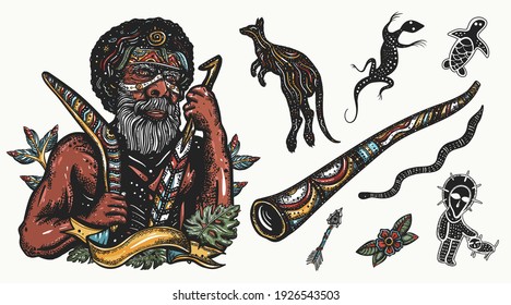 Australia.  Ethnic Australian Aboriginal Tribes Bushmen. Kangaroo And Didgeridoo. Tradition, People, Culture. Old School Color Tattoo Vector Collection 