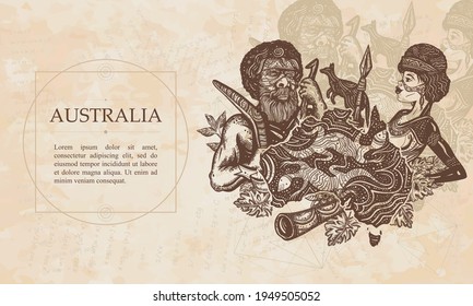 Australia. Ethnic Australian woman in traditional costume. Boomerang, didgeridoo, map. Tradition, people, culture. Renaissance background. Medieval manuscript, engraving art 
