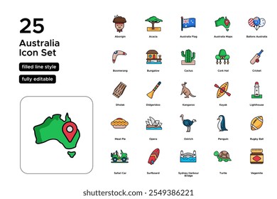 Australia Filled Line Icon Set: Landmarks, Wildlife, Culture, and National Symbols Icons