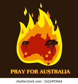 Australia in fire. Save and pray for Australia concept or background. Silhouette of trees and fire. Vector illustration.