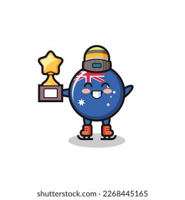 australia flag badge cartoon as an ice skating player hold winner trophy , cute style design for t shirt, sticker, logo element