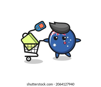 australia flag badge illustration cartoon with a shopping cart , cute style design for t shirt, sticker, logo element