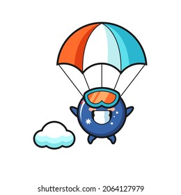 Australia Flag Badge Mascot Cartoon Is Skydiving With Happy Gesture , Cute Style Design For T Shirt, Sticker, Logo Element