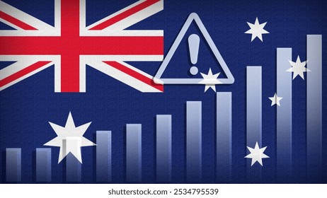 Australia flag with burlap texture, warning sign, and rising bar chart symbolizing increasing risk or growth challenges in the country. Ideal for data presentations.