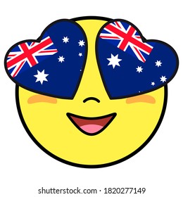 Australia Flag Button. Patriotic Smile In Hearts Glasses. Emoji Icon Isolated On White Background.