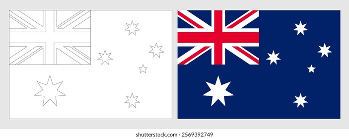 Australia flag - coloring page. Set of white wireframe thin black outline flag and original colored flag.