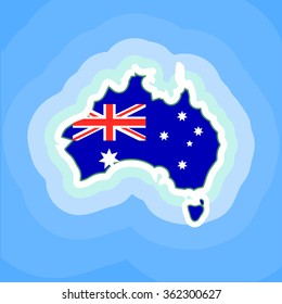 Australia Flag and Country Map Continent Silhouette surrounded by the sea - Vector Illustration. Australia map for Australia Day, ANZAC Day 