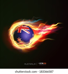 Australia flag with flying soccer ball on fire isolated black background, vector illustration