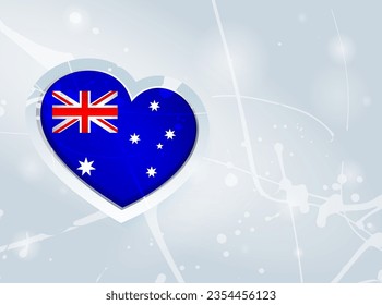 Australische Flagge in Form eines 3D-Herzens und abstrakter Farbflecken Hintergrund. Flagge Australiens. Verwendung für Broschüren, gedruckte Materialien, Logos, Zeichen, Elemente usw.
