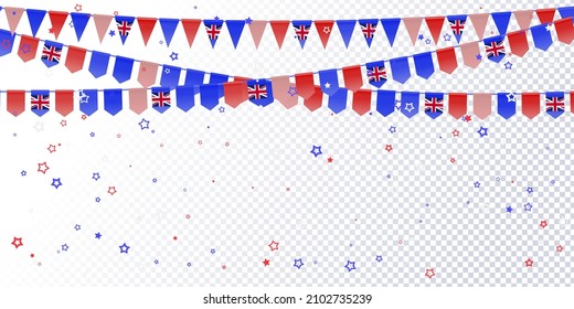 Australia Flag Garland With Red White Blue Confetti From Stars Transparent Background. Hang Bunting For Australian Independence Day. Celebration Template Banner. Vector Illustration