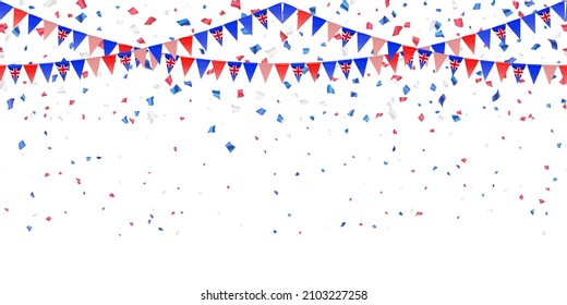 Australia Flag Garland, Red White Blue Glossy Confetti Seamless Pattern On White Background. Hang Bunting For Australian Independence Day. Celebration Template Banner. Vector Illustration