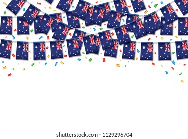 Australia flag garland white background with confetti, Hang bunting for Australian independence Day celebration template banner, Vector illustration svg