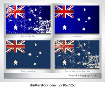 Australia flag graphic set with a grunge effect texture and retro colours. Grunge effect can be cleaned easily.