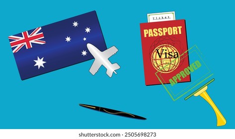 Australia flag with green plane icon. Passport with visa approved stamp. Black stylish Pen. Australian Travel poster. Editable vector EPS available