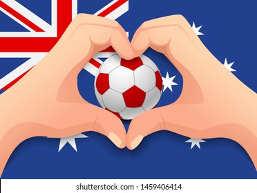 Australia flag and hand heart shape. National football background. Soccer ball with flag of Australia vector illustration